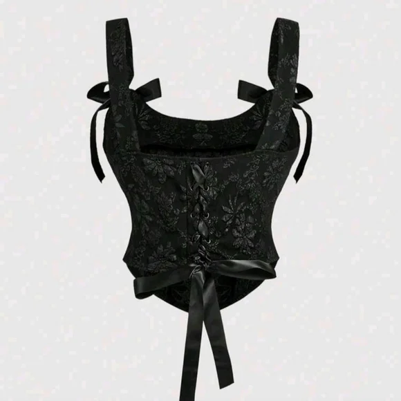 Black Lace Bow-Shoulder Corset Top - Picture 3 of 6